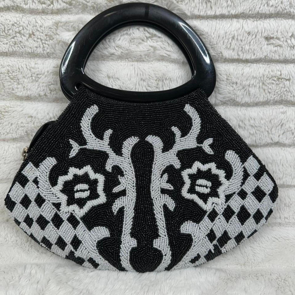 Cache Black/White Beaded Purse Zipper Shut Hard Double Handle‎